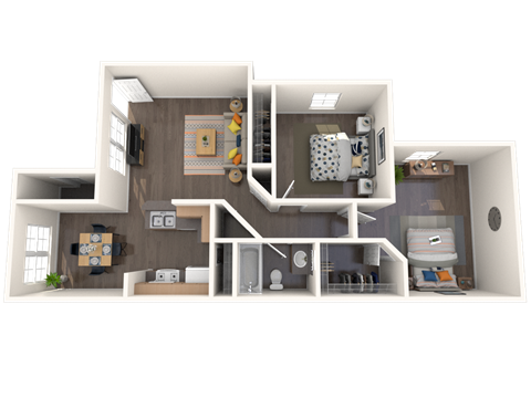Floor plan for 2 beds, 1 bath, 884 sqft